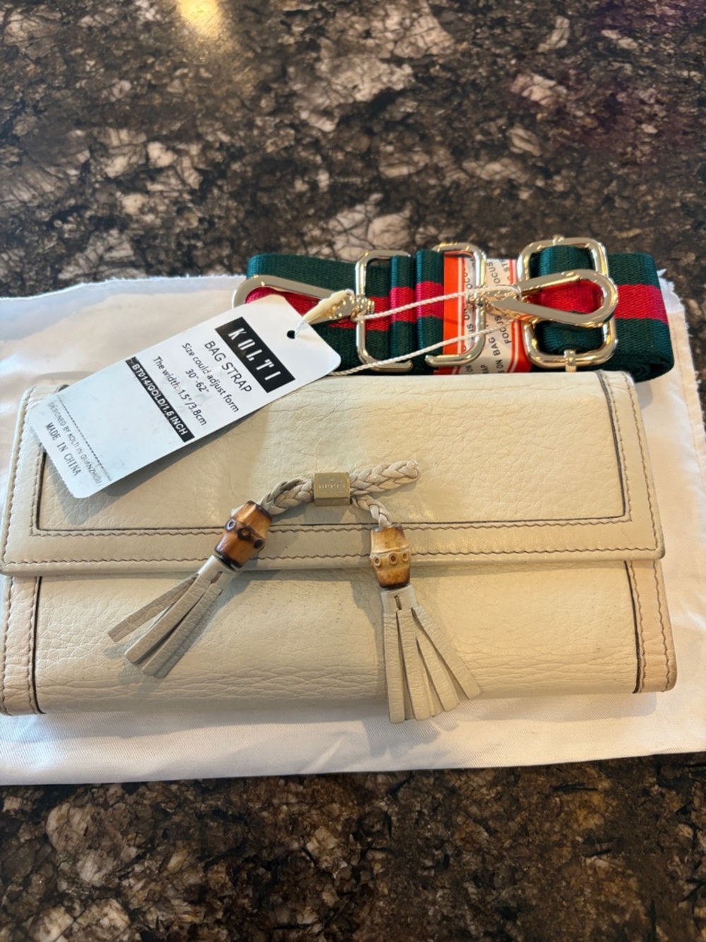 GUCCI BAMBOO TASSELS WALLET with green & red bag strap